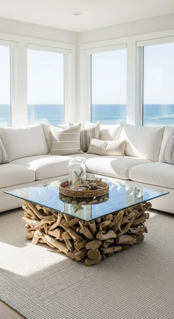 Glass top coastal coffee table