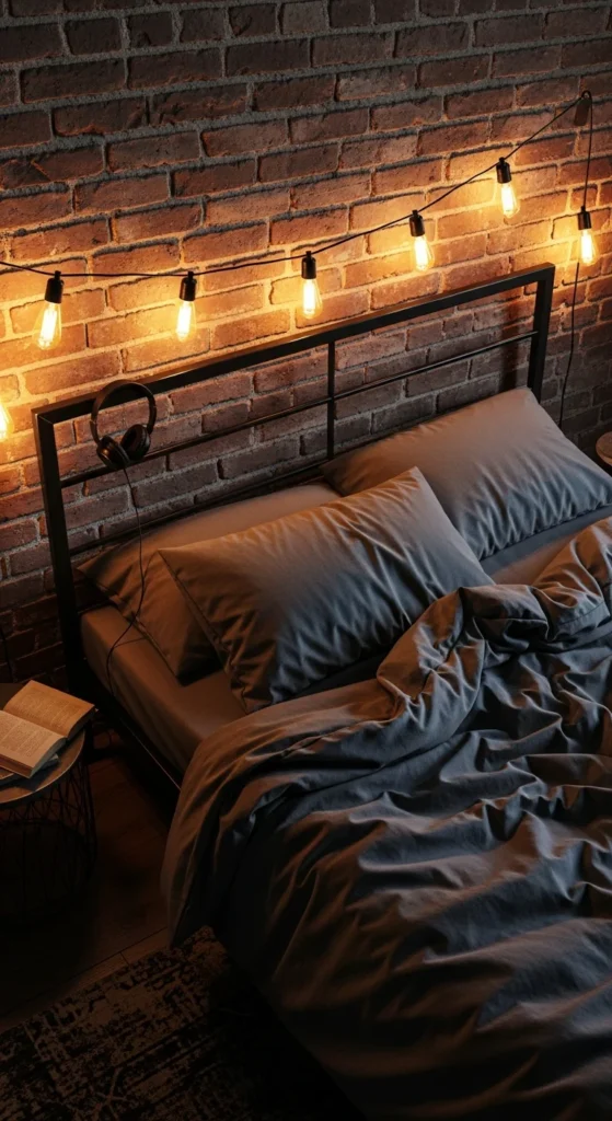Industrial Metal Bed Frame with Edison Bulbs