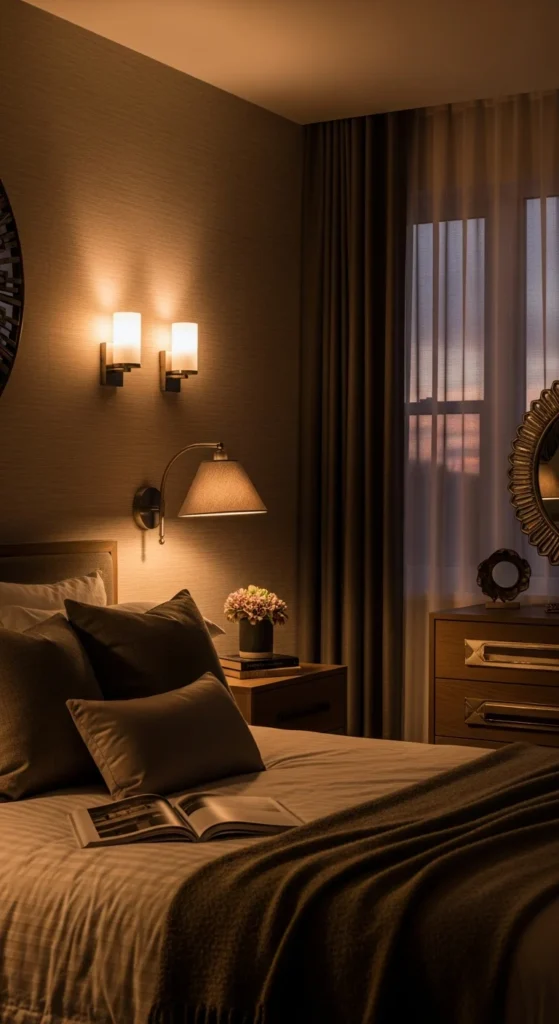 Layered bedroom lighting ambiance