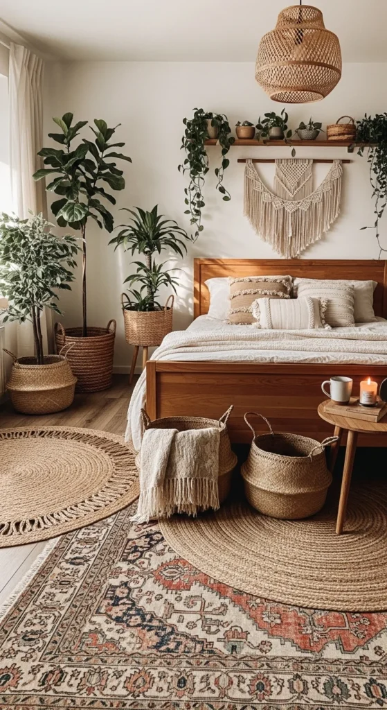 Layered boho bedroom rugs