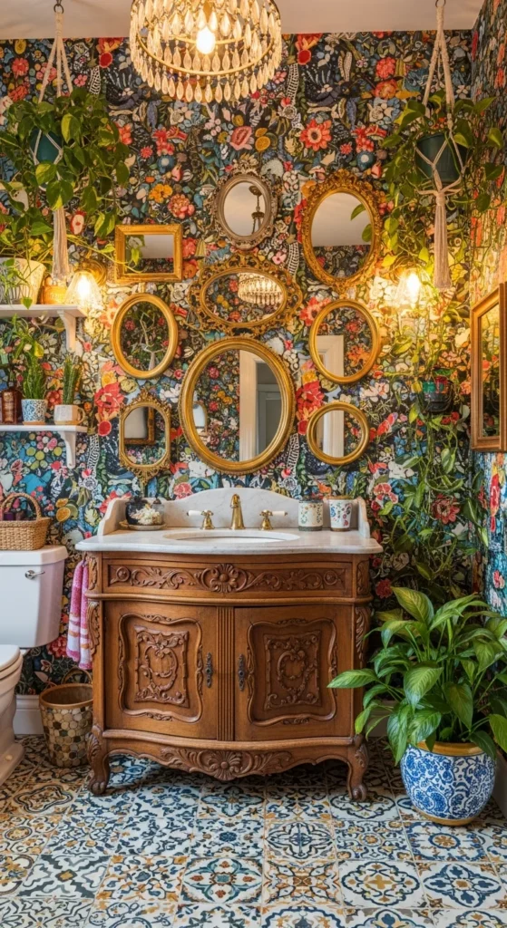 Maximalist bathroom wallpaper design