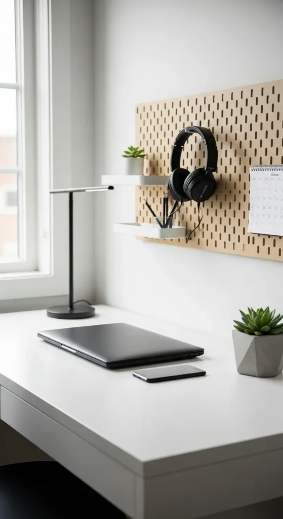 Minimalist Desk Setup with Pegboard Organization