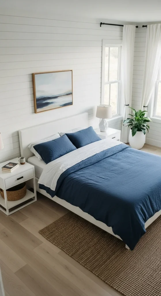 Navy and white bedroom