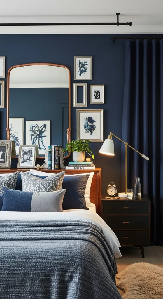 Navy bedroom mixed metals