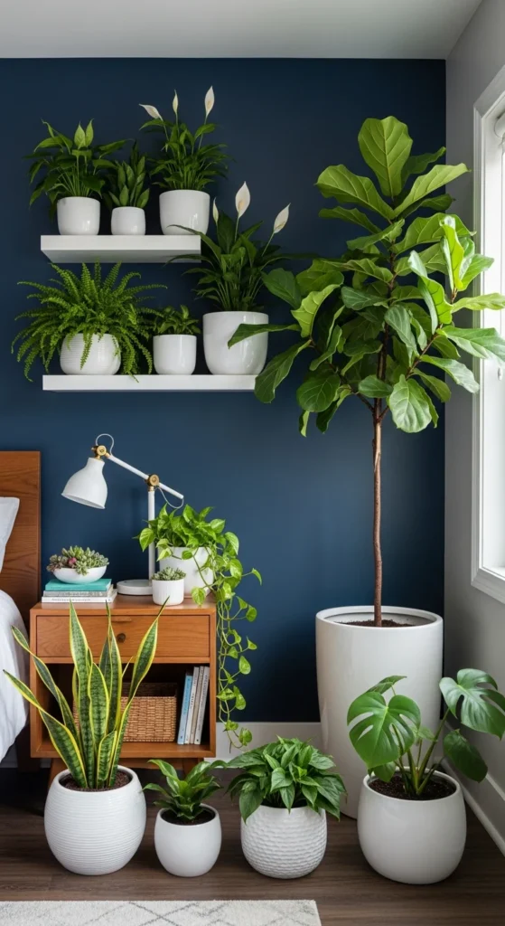 Navy bedroom with plants