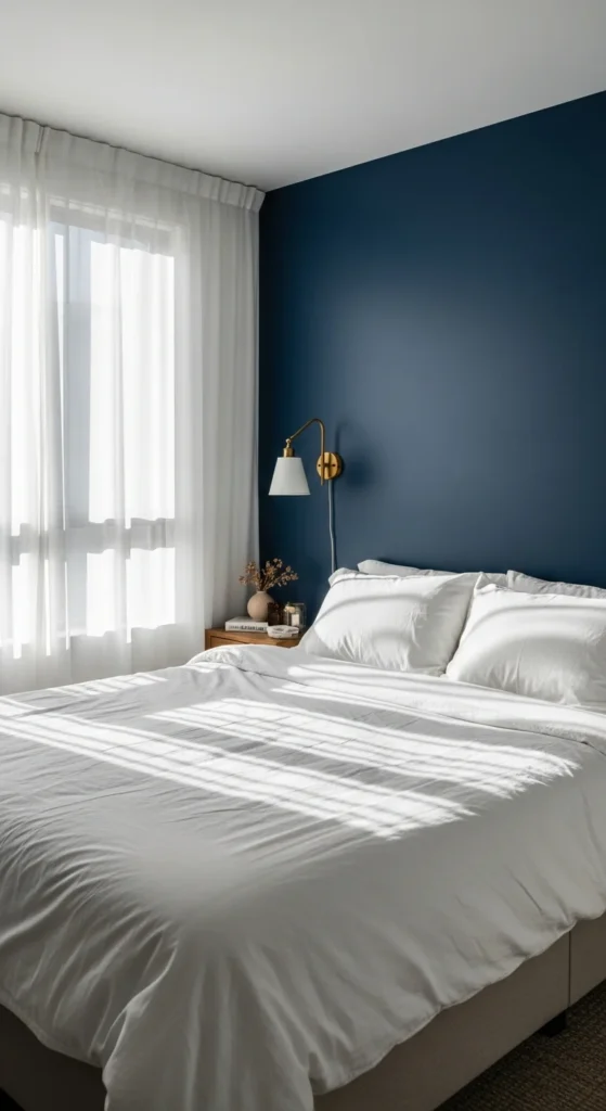 Navy blue accent wall bedroom