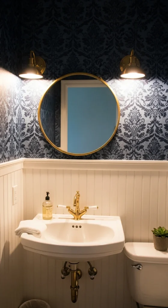 Navy blue bathroom wallpaper