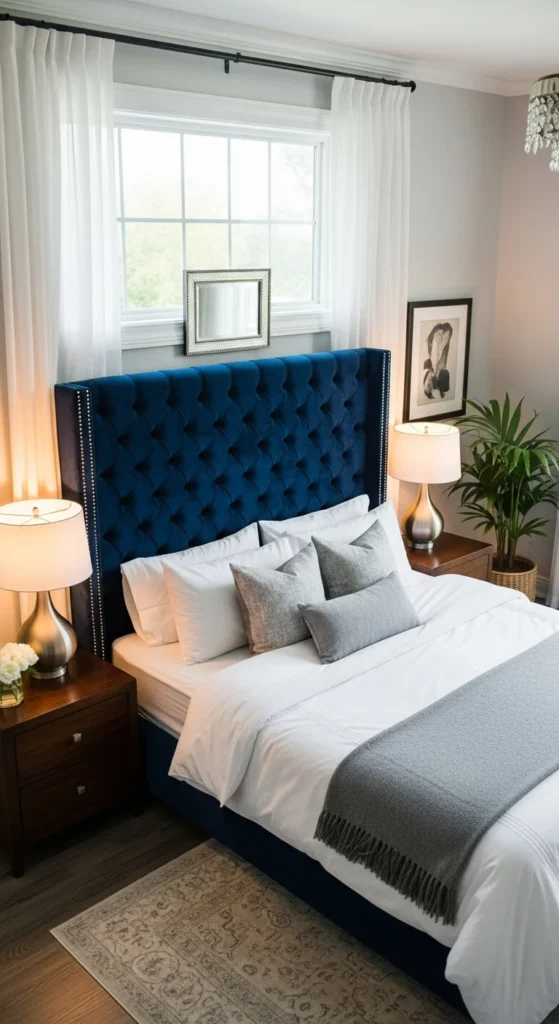 Navy velvet headboard bedroom