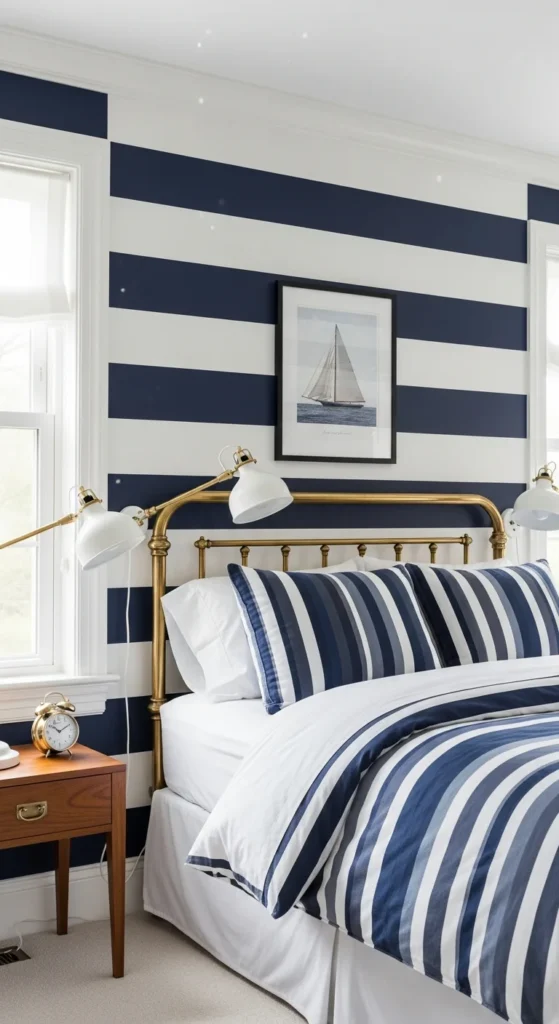 Navy white striped bedroom