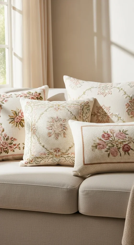 Needlepoint embroidered throw pillows