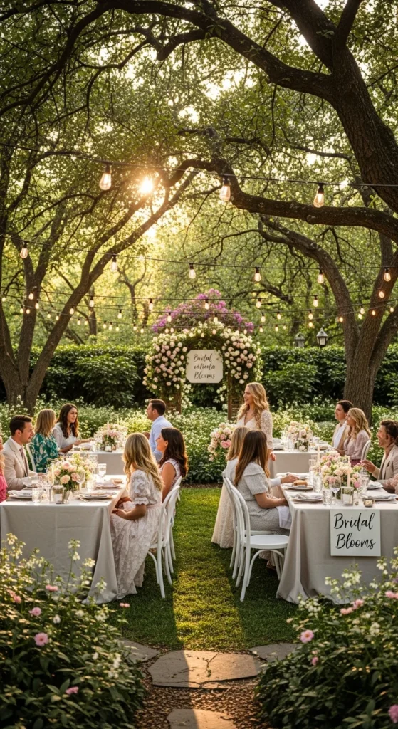 Outdoor garden bridal shower setup