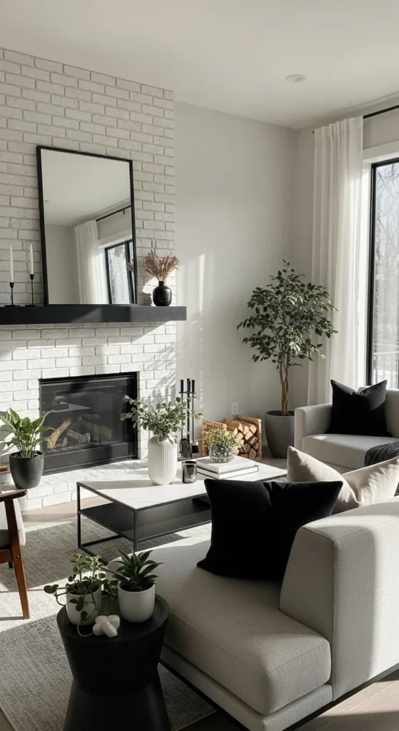 Painted brick fireplace living room