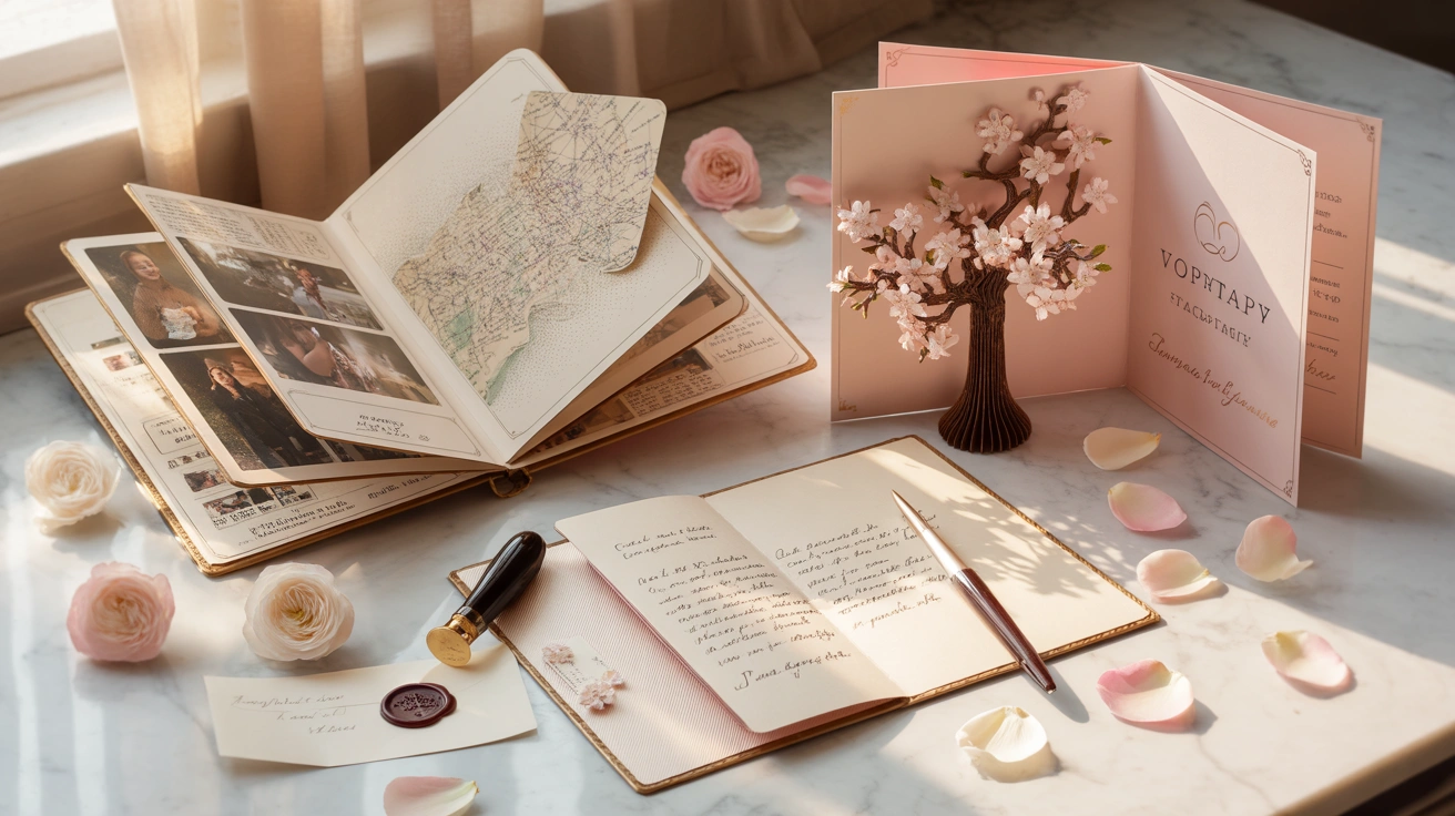 Paper anniversary gift ideas flat lay