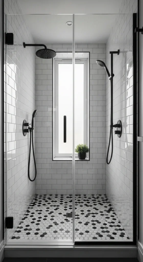 Patterned tile small bathroom shower