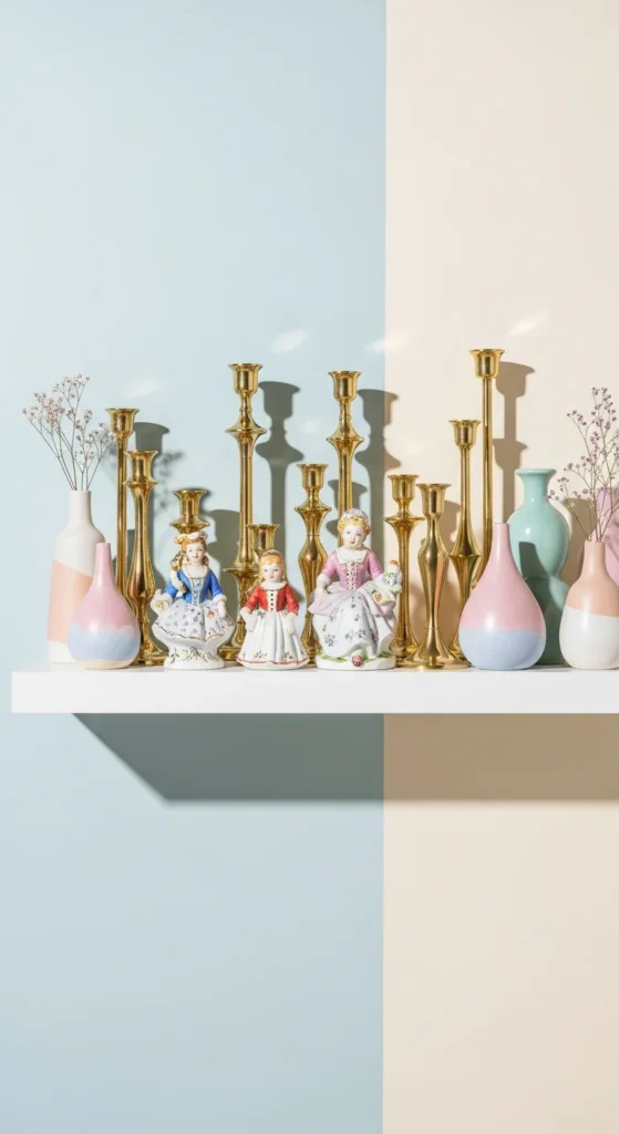 Porcelain figurines shelf display