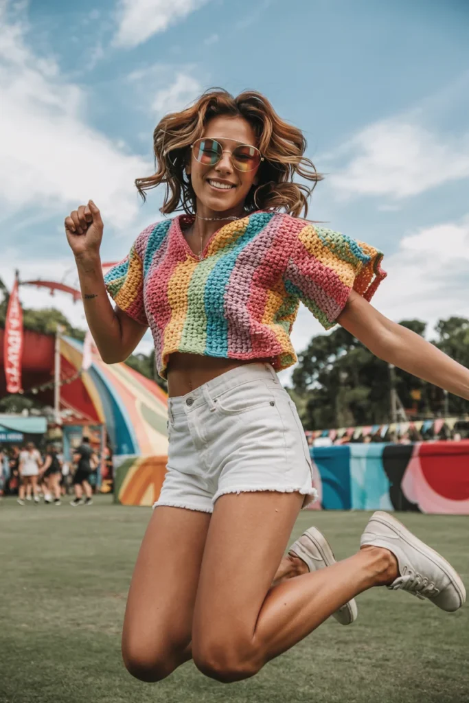 Rainbow crochet festival top