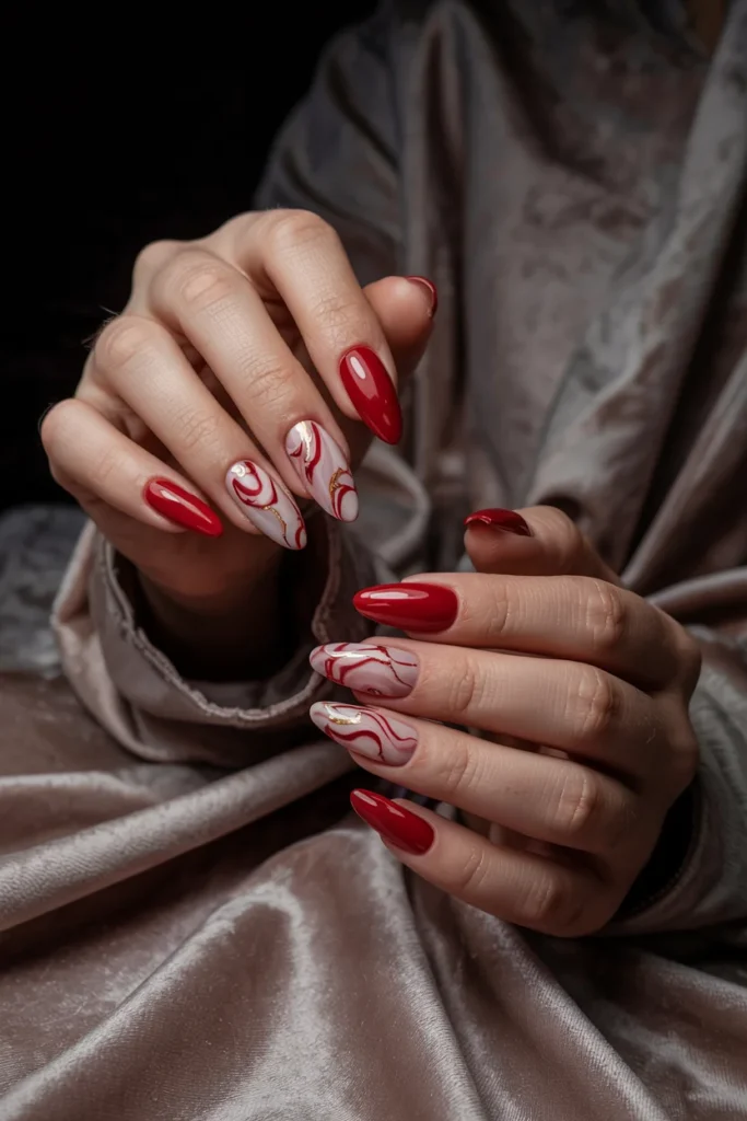 Red white marble nails