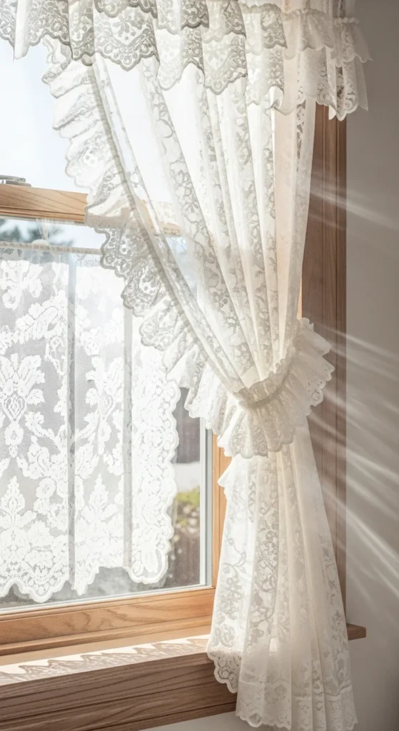 Ruffled lace curtains window