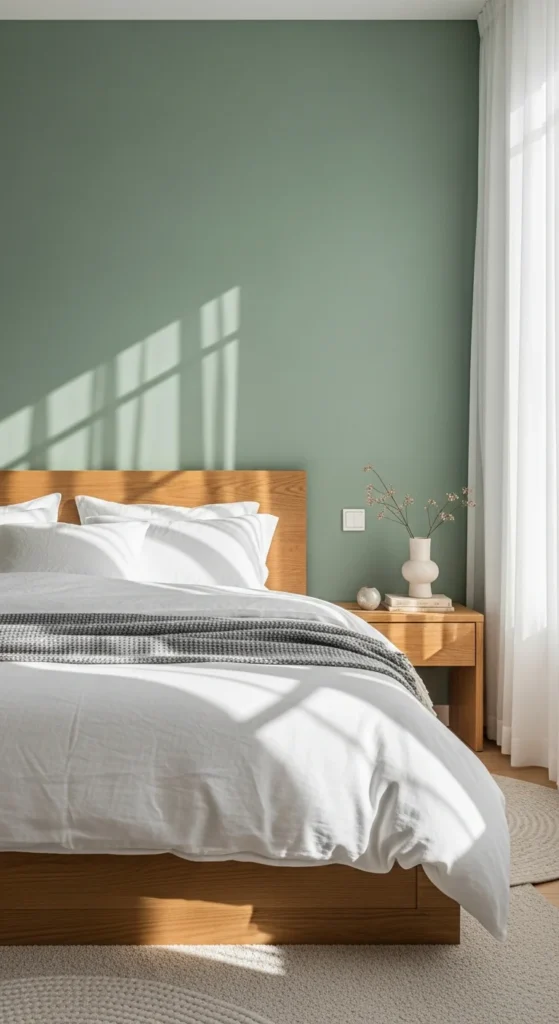 Sage green accent wall bedroom
