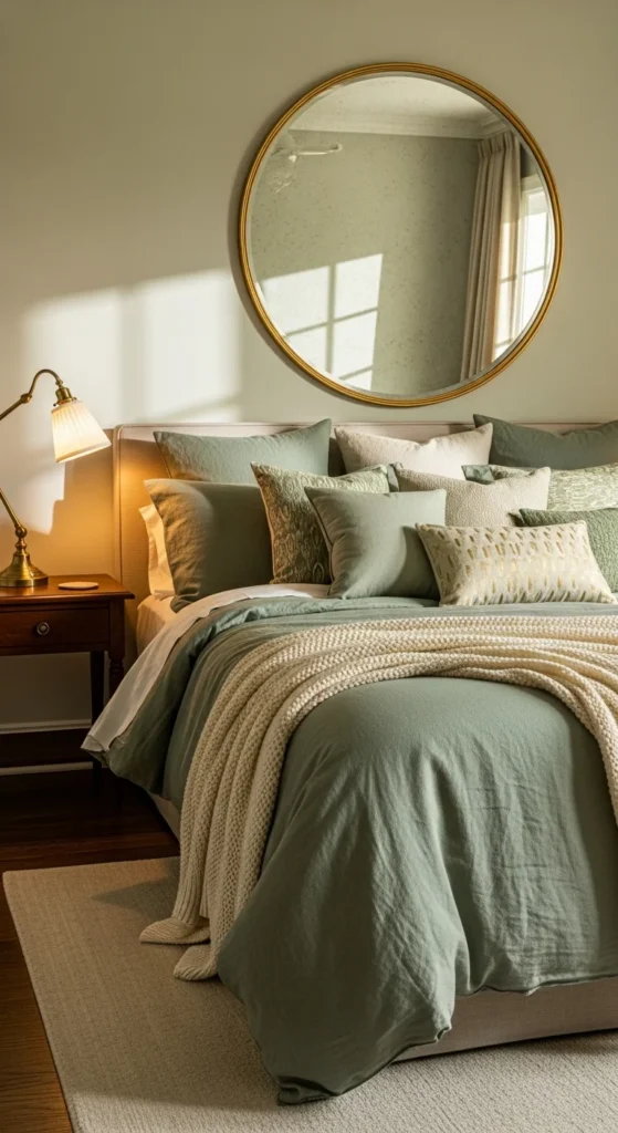 Sage green gold bedroom