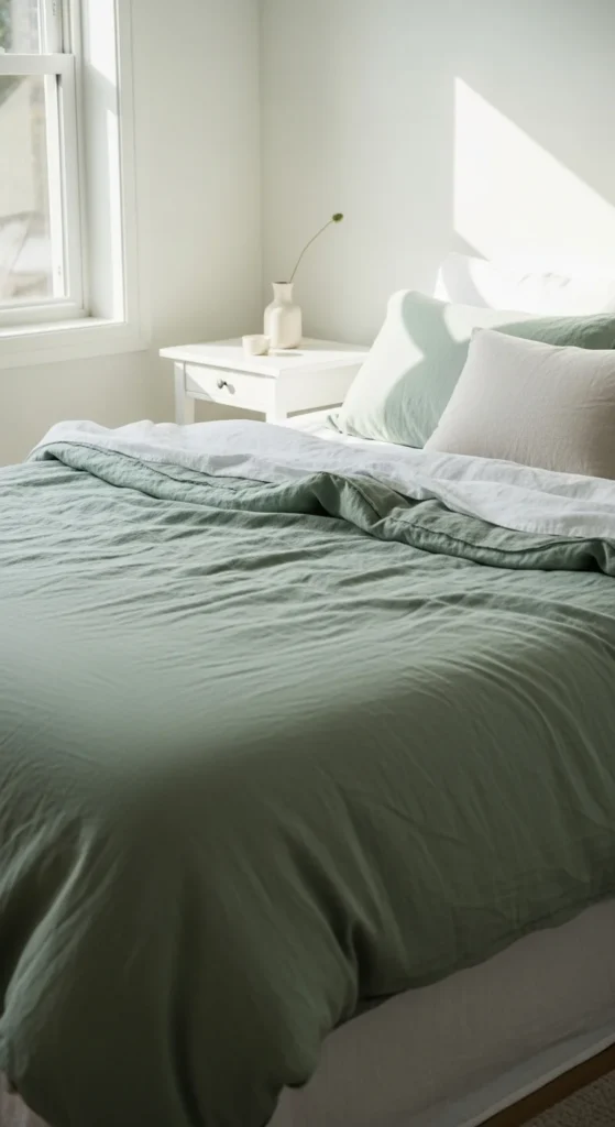 Sage green white bedroom