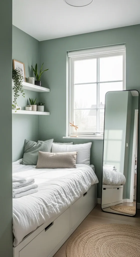 Small sage green bedroom