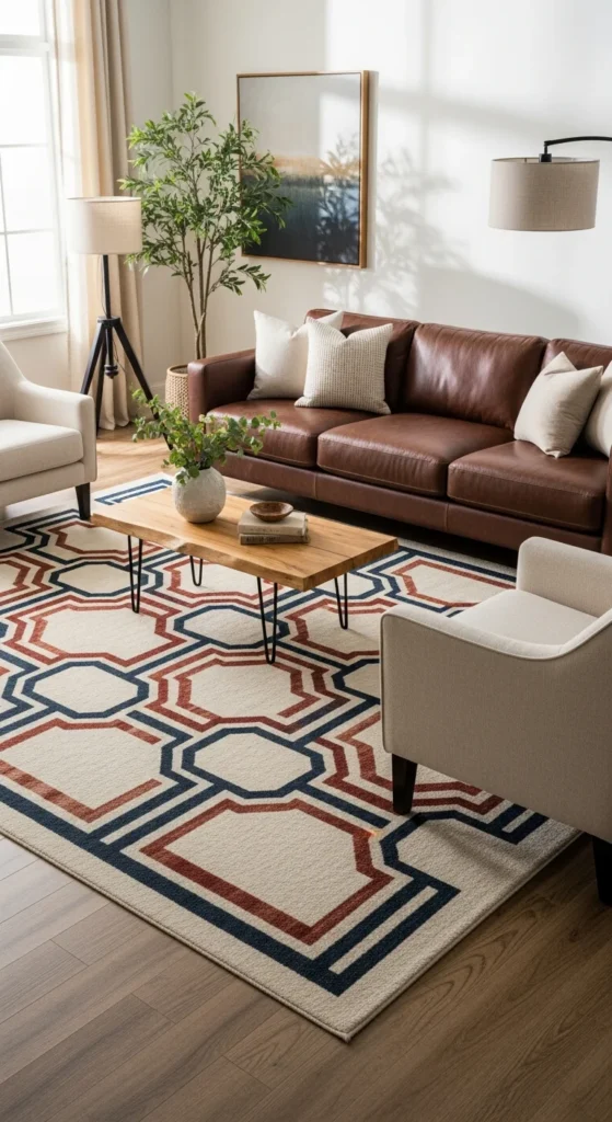 Statement rug brown couch