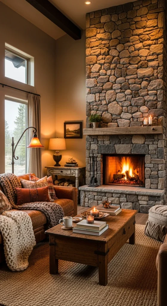 Stone fireplace living room