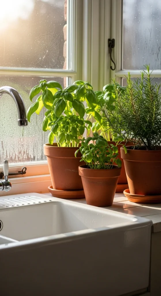 Terracotta herb pots cottage