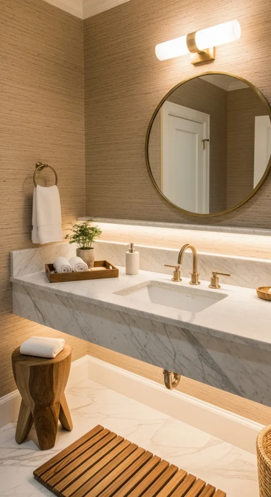 Textured grasscloth bathroom wallpaper