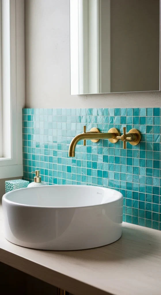 Turquoise tile backsplash bathroom