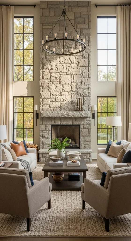 Two-story fireplace living room