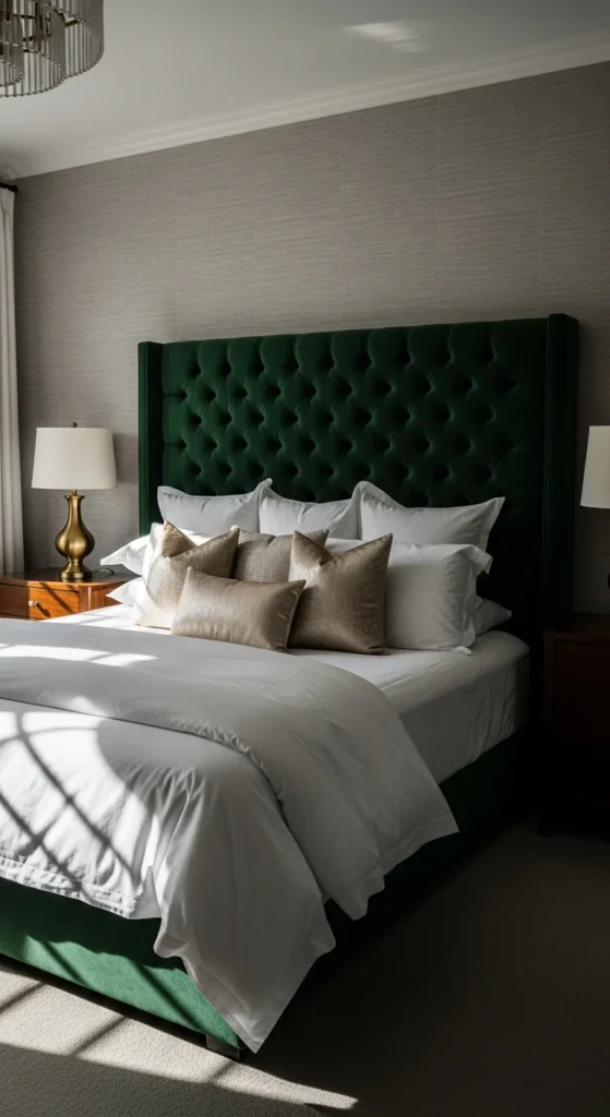 Velvet upholstered headboard bedroom