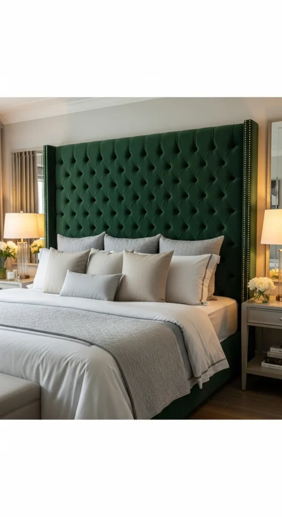 Velvet upholstered headboard bedroom