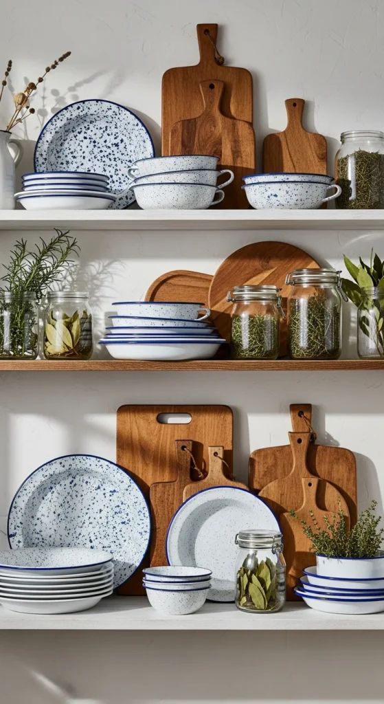 Vintage enamelware dishes display