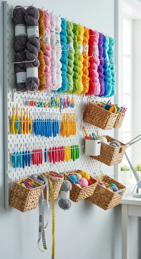 Wall-mounted crochet pegboard