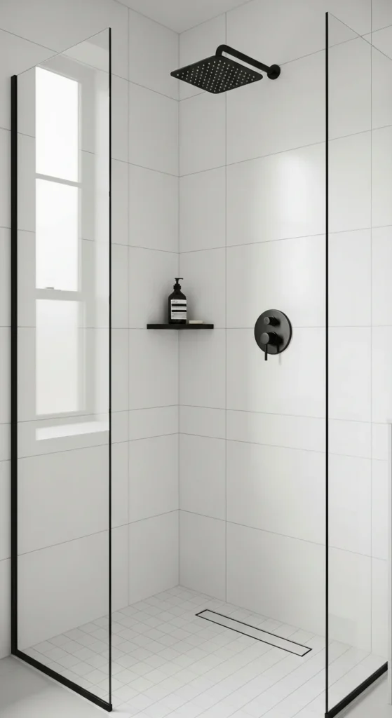 White bathroom black fixtures shower