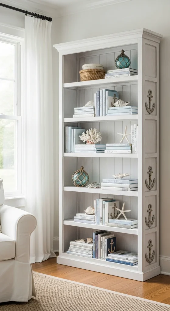 Whitewashed coastal bookshelf
