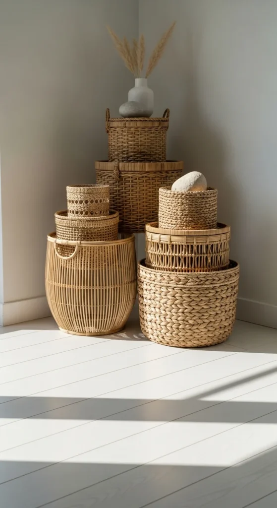 Wicker coastal storage baskets