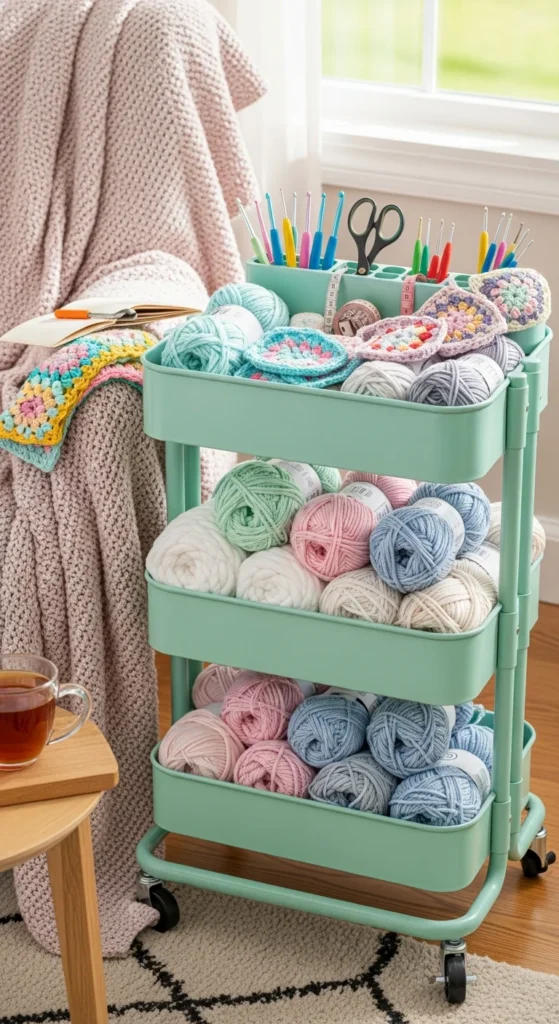 Yarn storage cart wheels