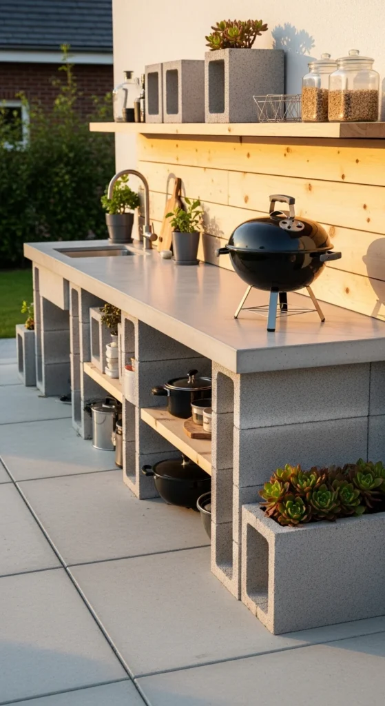 concrete block wood outdoor kitchen