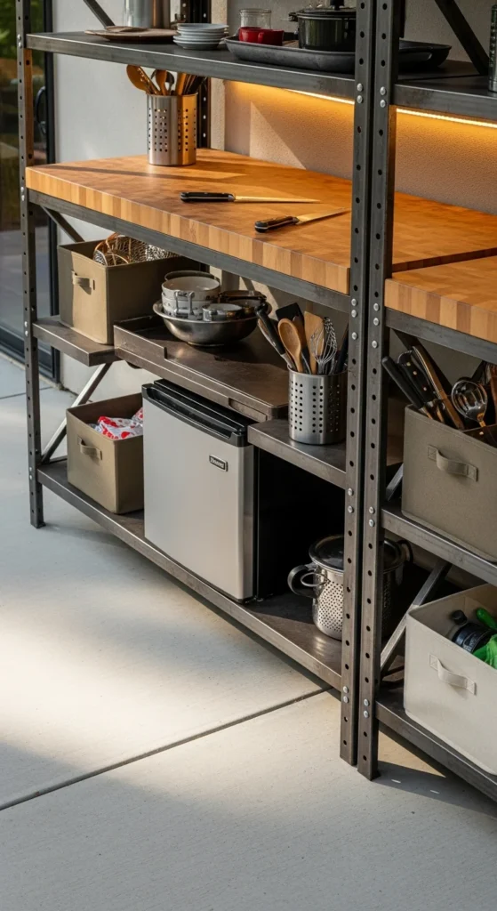 metal shelving outdoor kitchen setup