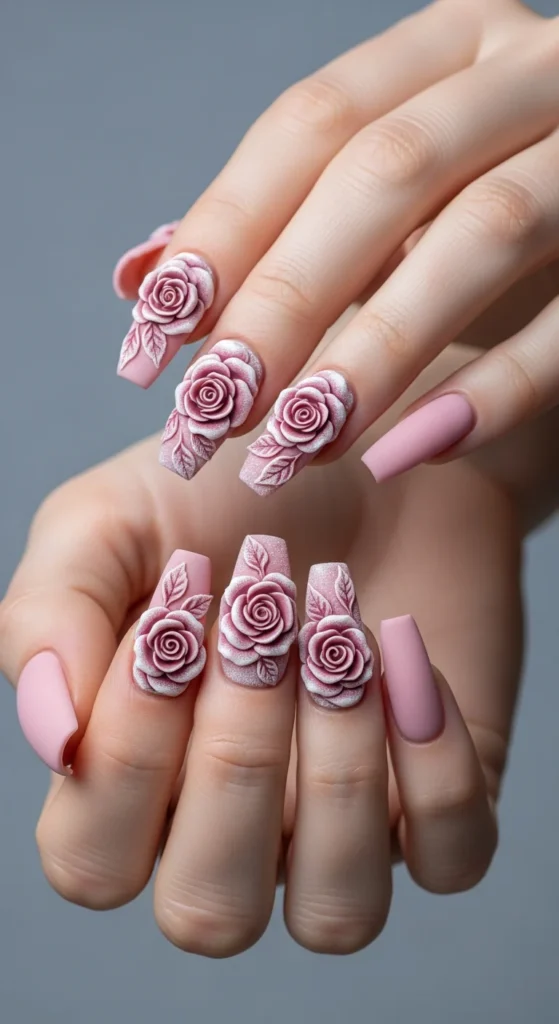 3D dusty pink rose nails