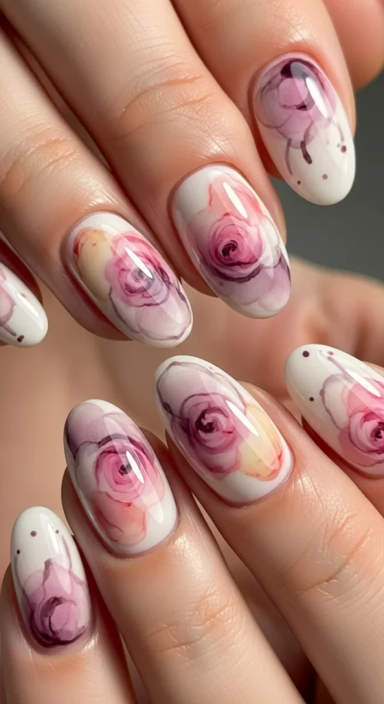 Abstract watercolor rose nails
