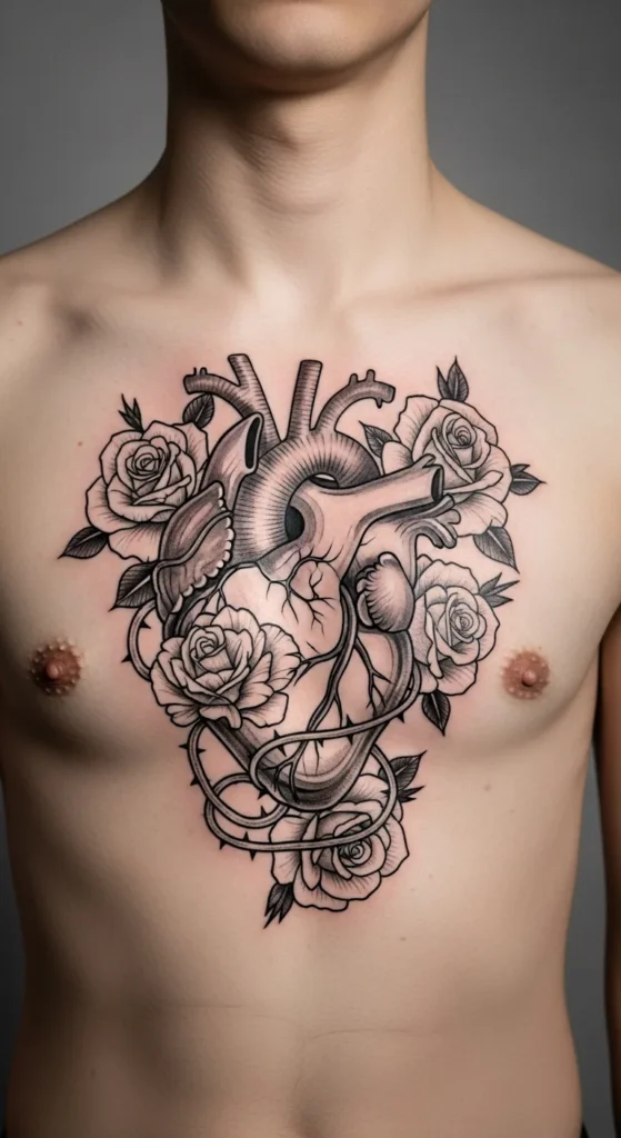 Anatomical heart chest tattoo