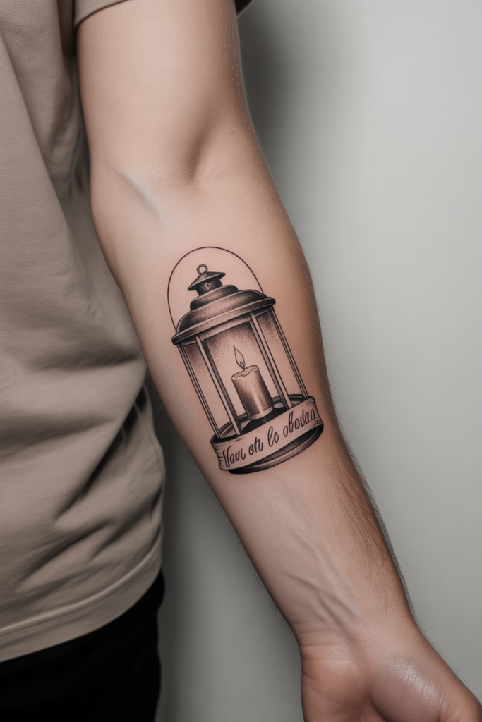 Antique Candle Lantern with Quote Tattoo