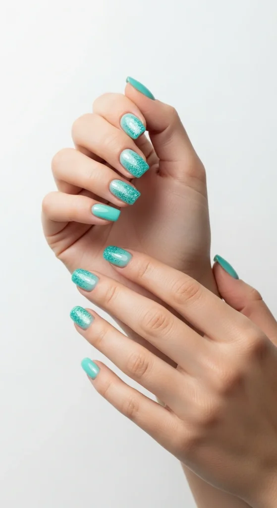 Aqua glitter fade nails