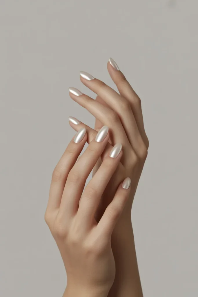 Beige pearlescent short nails