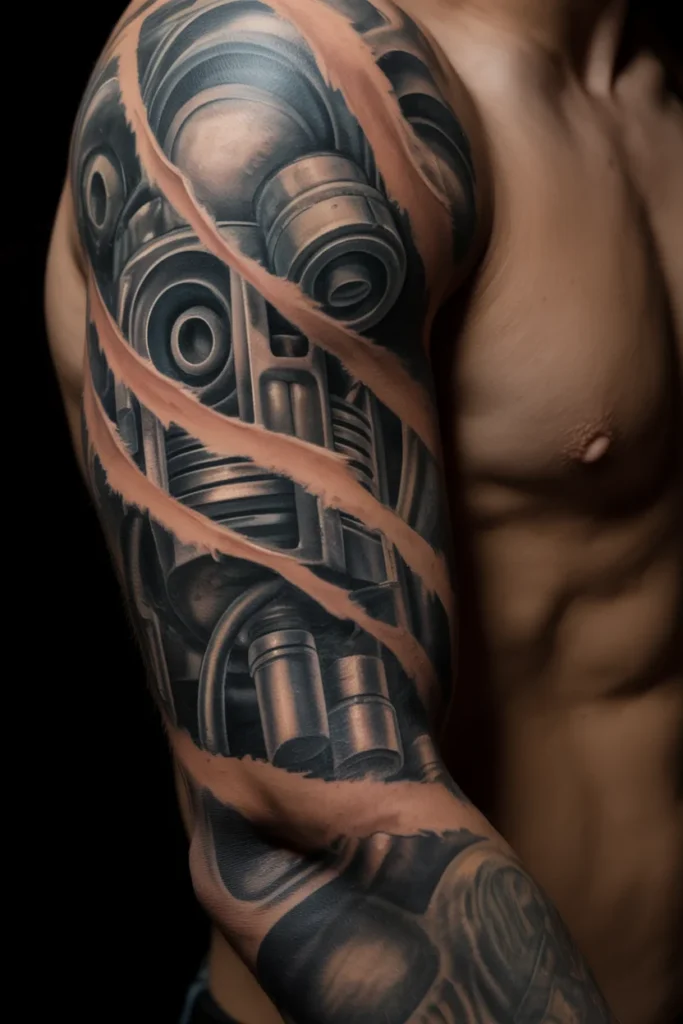 Biomechanical arm sleeve tattoo