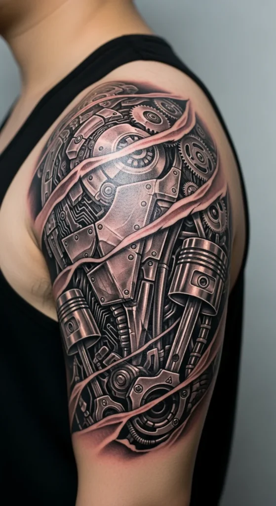Biomechanical shoulder piece tattoo
